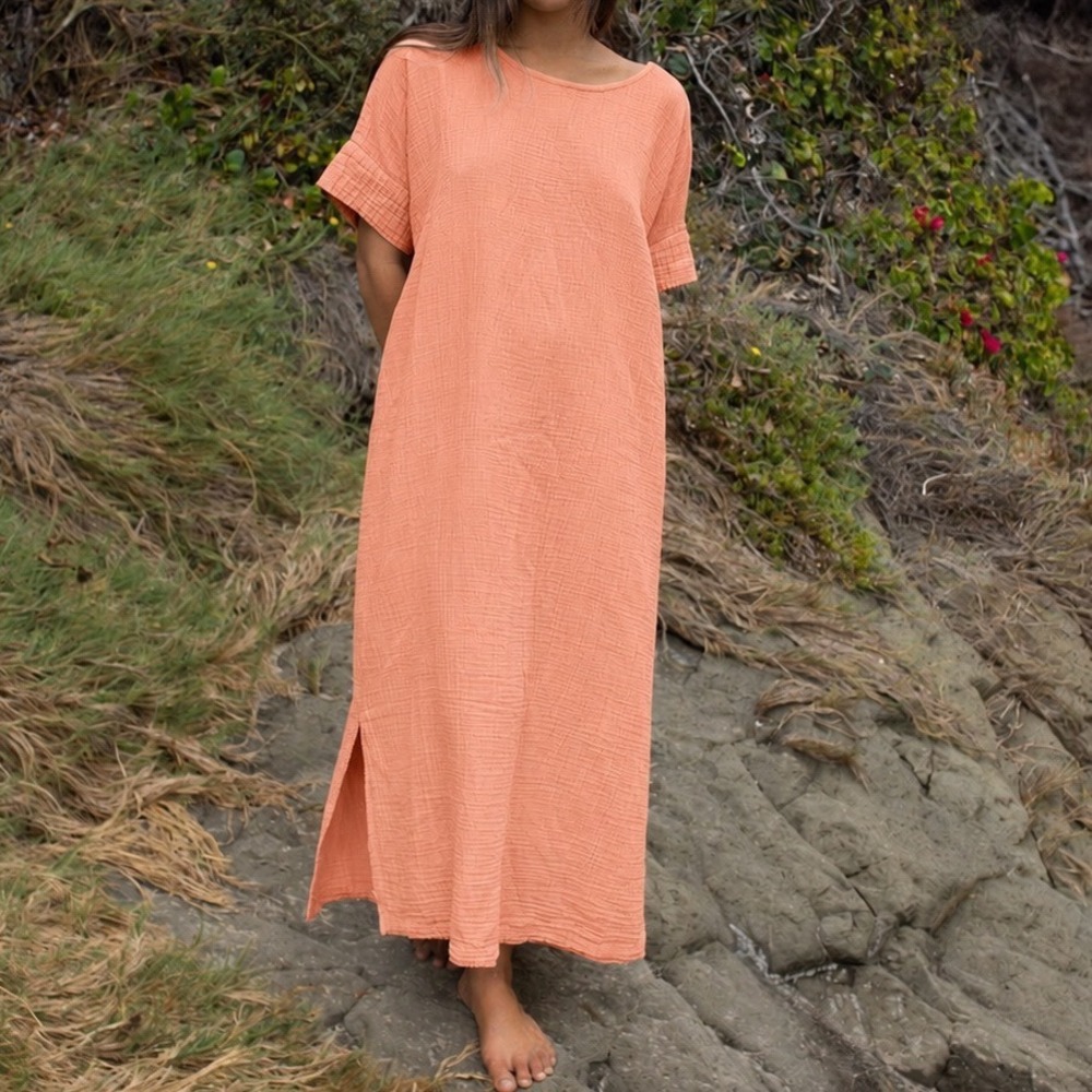 Honest Cotton Laguna Maxi Dress Peach Orange Gauze Short Sleeve One Size